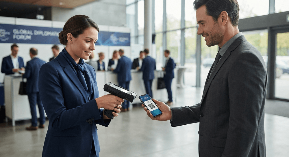 Scanning a digital invitation QR code at a diplomatic event