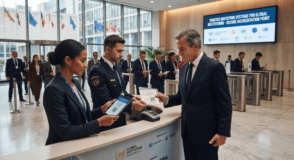 Secure accreditation checkpoint at a diplomatic event